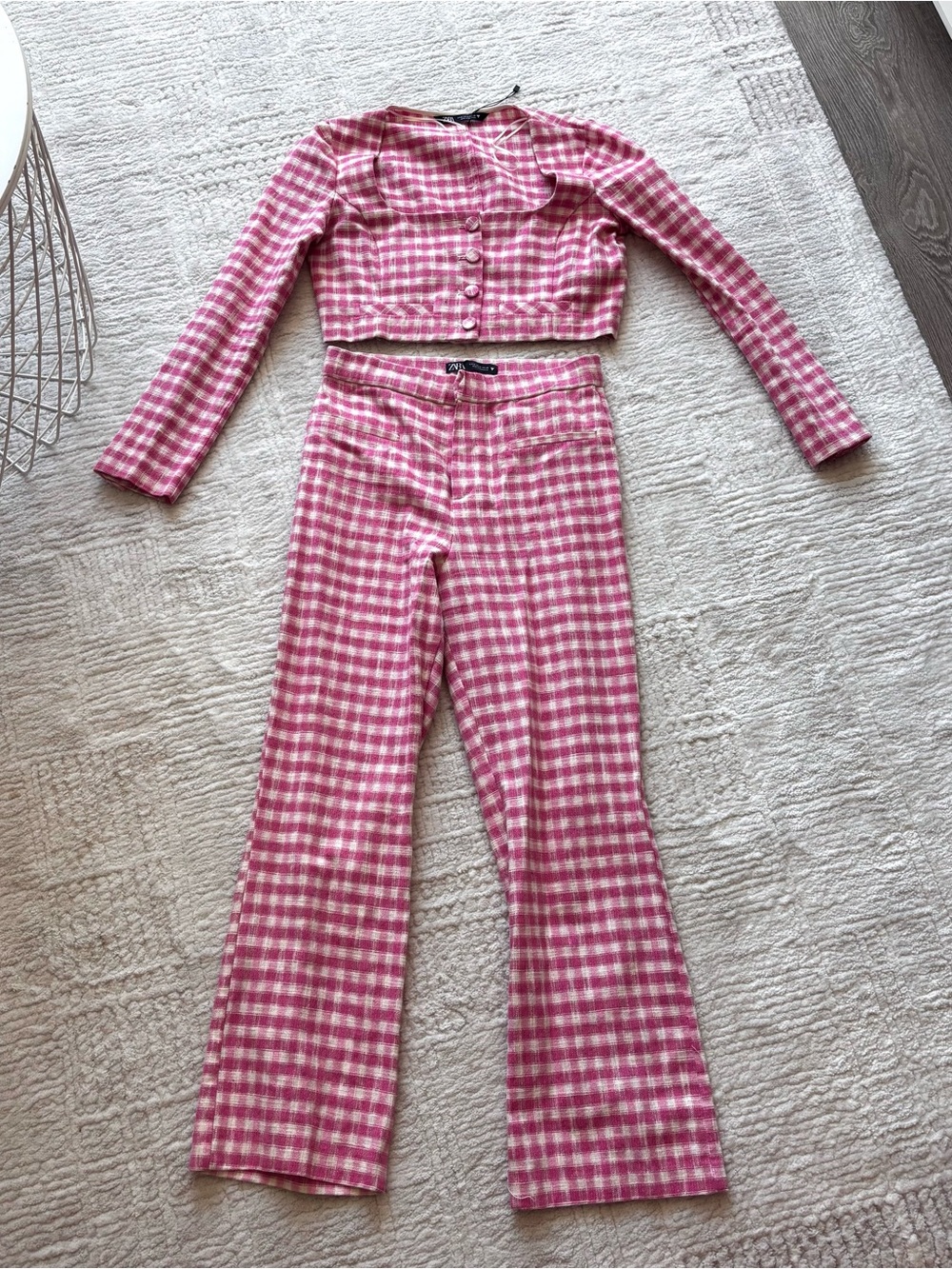 Zara Pink and White Gingham Crop pant Set